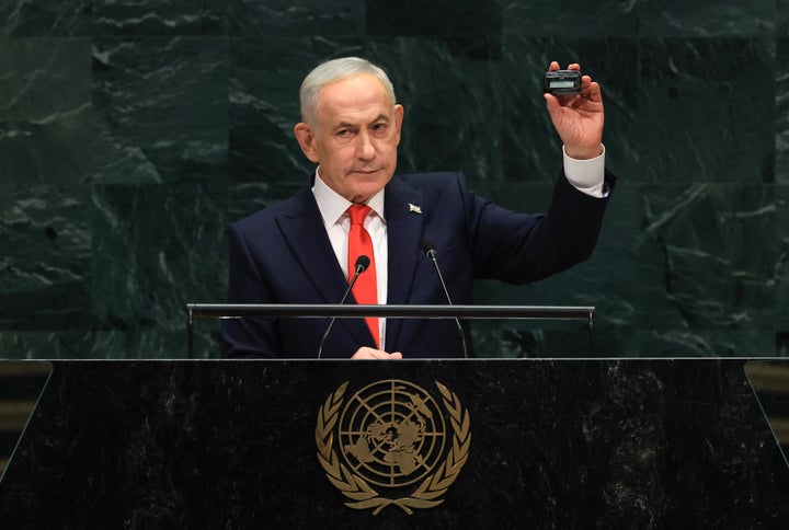 Israeli Prime Minister Benjamin Netanyahu holds up a pager as he speaks during the 81st United Nations General Assembly at the U.N. Headquarters in New York City, on Sept. 24, 2026.