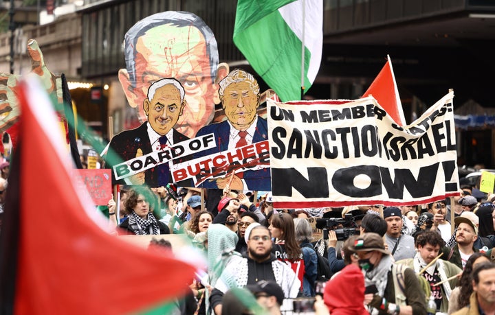 Protesters hold images of Israeli Prime Minister Benjamin Netanyahu and U.S. President Donald Trump during a demonstration on the day of Netanyahu's address to the 81st United Nations General Assembly in New York, on Sept. 24, 2026.