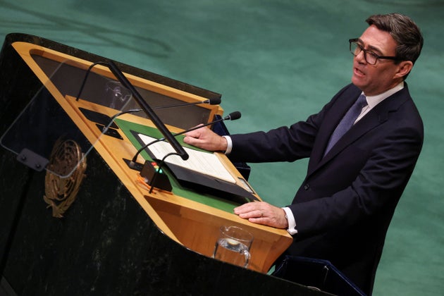 British Prime Minister Andy Burnham delivers a speech during the United Nations General Assembly on Tuesday.