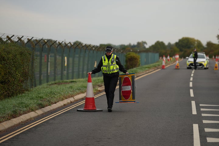 In Fairford, police have imposed a 400-meter cordon around the base and evacuated residents from 85 homes.