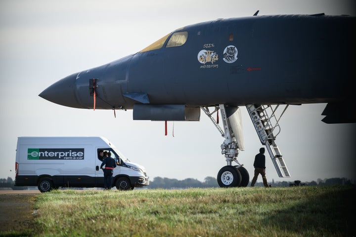 A B1 Lancer bomber sits on the tarmac at RAF Fairford on September 28, 2026 in Fairford, England. Police declared a major incident on Sunday following the arrest of five men on suspicion of committing offences under the Explosives Act and preparation of a terrorist act near RAF Fairford, a military base that hosts U.S. Air Force bombers involved in the Iran conflict. The men were released on bail the following day.