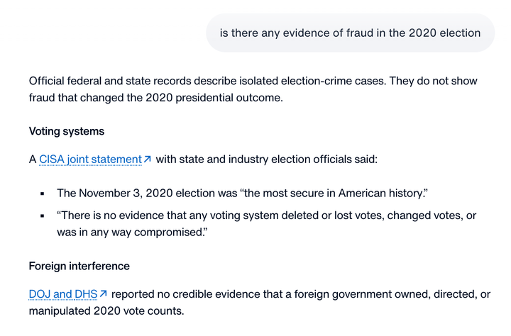The government's new AI tool says there is no evidence election fraud changed the outcome of the 2020 election.
