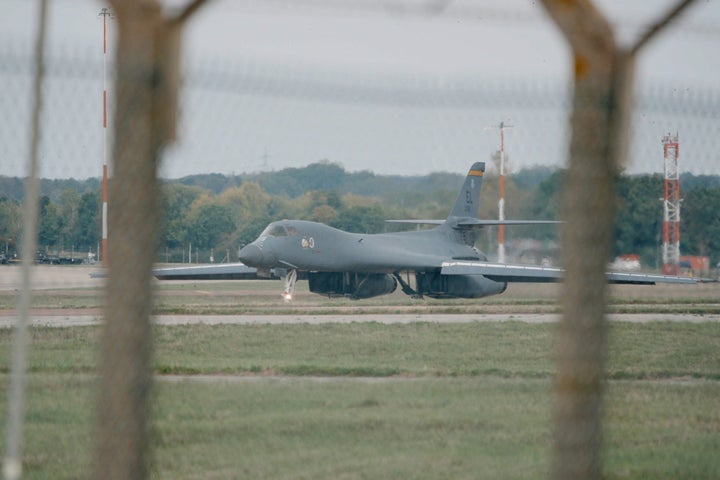 A U.S. Air Force Rockwell B-1 Lancer bomber at RAF Fairford in Gloucestershire, pictured Sept. 29, 2026. Five British nationals were released after being detained on suspicion of explosives offenses and terrorism on Sunday near the base, which has been used by the U.S. military to carry out strikes against Iran.
