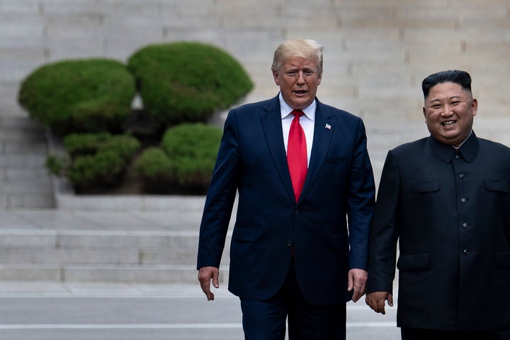 President Donald Trump and North Korean dictator Kim Jong Un walk on North Korean soil toward South Korea in the Demilitarized Zone (DMZ) on June 30, 2019, in Panmunjom, Korea.