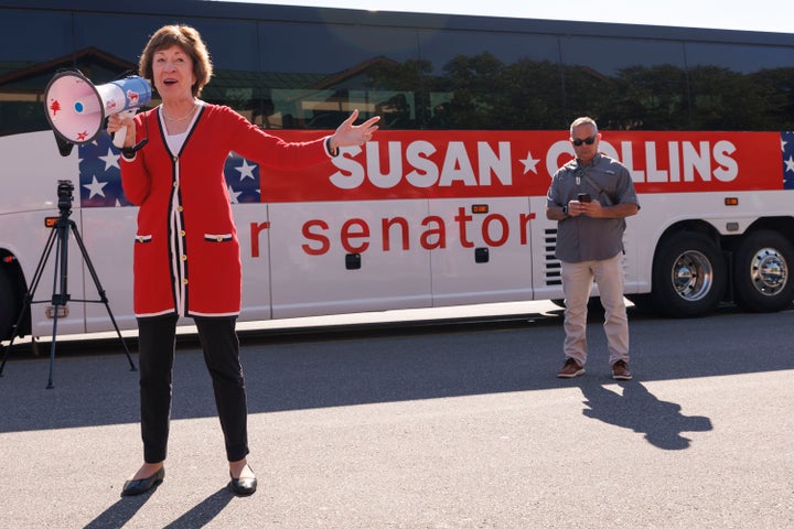 Sen. Susan Collins (R-Maine) greets supporters outside the Kittery Trading Post, the first stop of a weekend re-election campaign bus tour of the state of Maine, on August 14, 2026.
