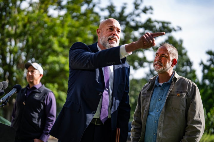 Brian Bengs (center), an independent Senate candidate in South Dakota, is joined by fellow independents Dan Osborn of Nebraska and Bill Hill of Alaska at a press conference.