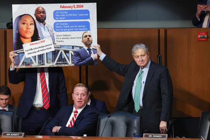 Sen. Eric Schmitt (R-Mo.) presenting a poster that he said presented evidence of perjury against Special Counsel Jack Smith to the Senate Judiciary Committee on Tuesday.