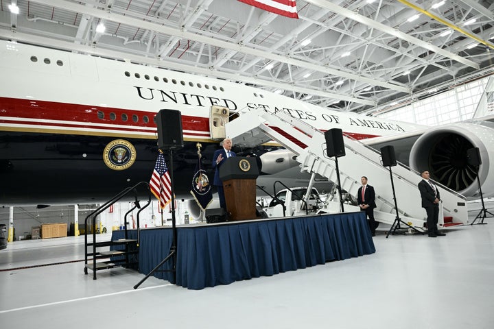 President Donald Trump speaks in June in front of the new Air Force One, gifted to him by Qatar, in a hangar at Joint Base Andrews in Maryland. The president hasn’t used the plane for the past two weeks. 
