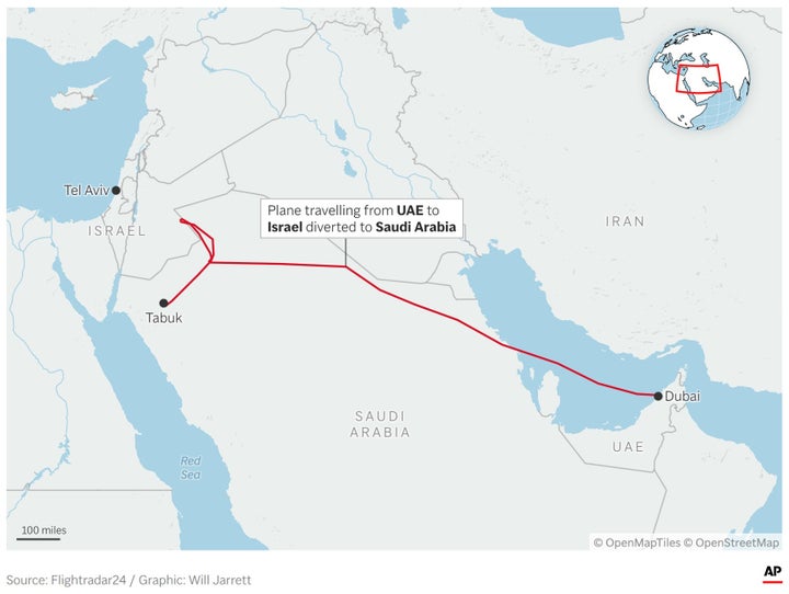 A map showing the route of a commercial plane diverted to Tabuk in Saudi Arabia. (AP Digital Embed)