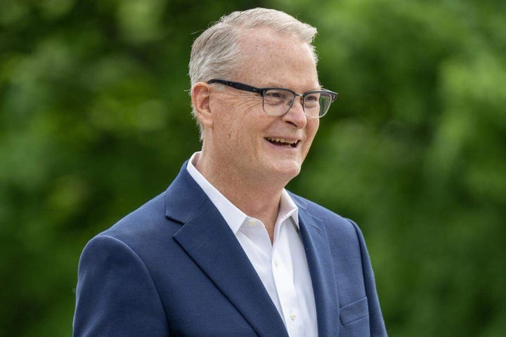 The Rev. Adam Hamilton, senior pastor of the United Methodist Church of the Resurrection, smiles as he speaks to a reporter after delivering his remarks announcing his run for U.S. Senate at Harmon Park on Thursday, April 30, 2026, in Prairie Village, Kan. (Emily Curiel/The Kansas City Star/Tribune News Service via Getty Images)