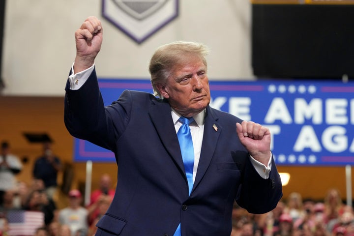 President Donald Trump dances as he departs after speaking during an event at Butler High School in Vandalia, Ohio, Saturday, Oct. 3, 2026. (AP Photo/Mark Schiefelbein)