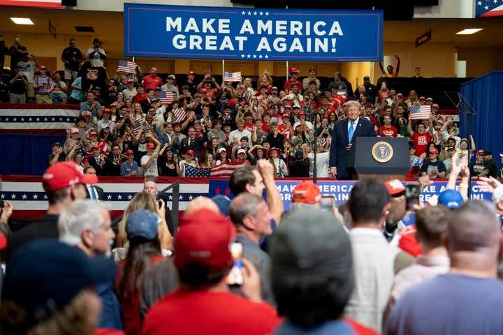 US President Donald Trump during a campaign event at Butler-Vandalia Student Activity Center in Vandalia, Ohio, US, on Saturday, Oct. 3, 2026. Trump cited major corporate investment plans in Ohio during a rally in the state, part of his effort to boost Republican candidates in key races ahead of the midterm elections in November. Photographer: Jessica Phelps/Bloomberg via Getty Images