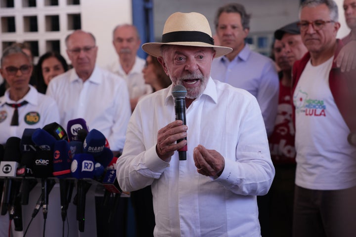 President Luiz Inacio Lula da Silva, who is running for reelection, speaks after voting during general elections in Sao Bernardo do Campo, Brazil, Sunday, Oct. 4, 2026. (AP Photo/Ettore Chiereguini)