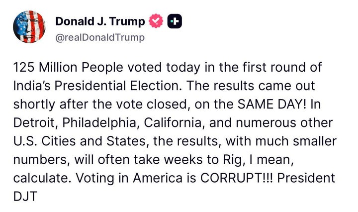 A screenshot of President Donald Trump's Truth Social post on Sunday.