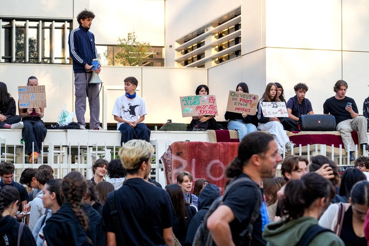 High school students are demonstrating and holding signs displaying their demands (regarding resources and schedules) in front of the gates of the Camille Vernet high school in Valence. 