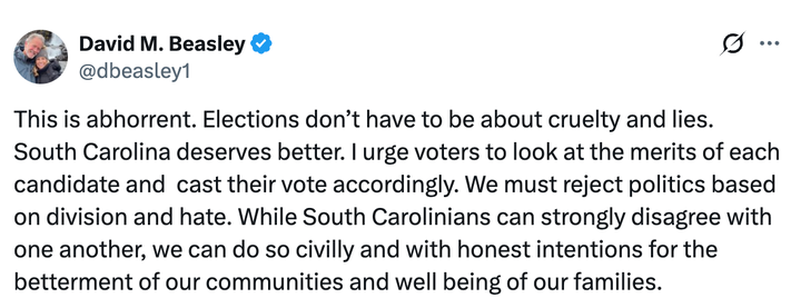 A post by former South Carolina Gov. David Beasley (R) on X.