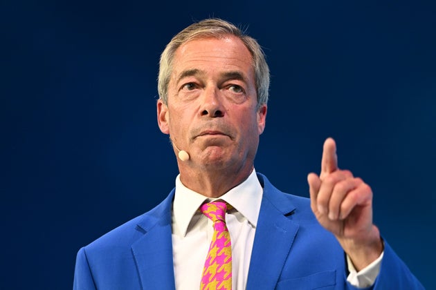 Reform Party Leader Nigel Farage points as he speaks during the Reform party's annual conference at the National Exhibition Centre in Birmingham, England, Friday, Sept. 4, 2026.