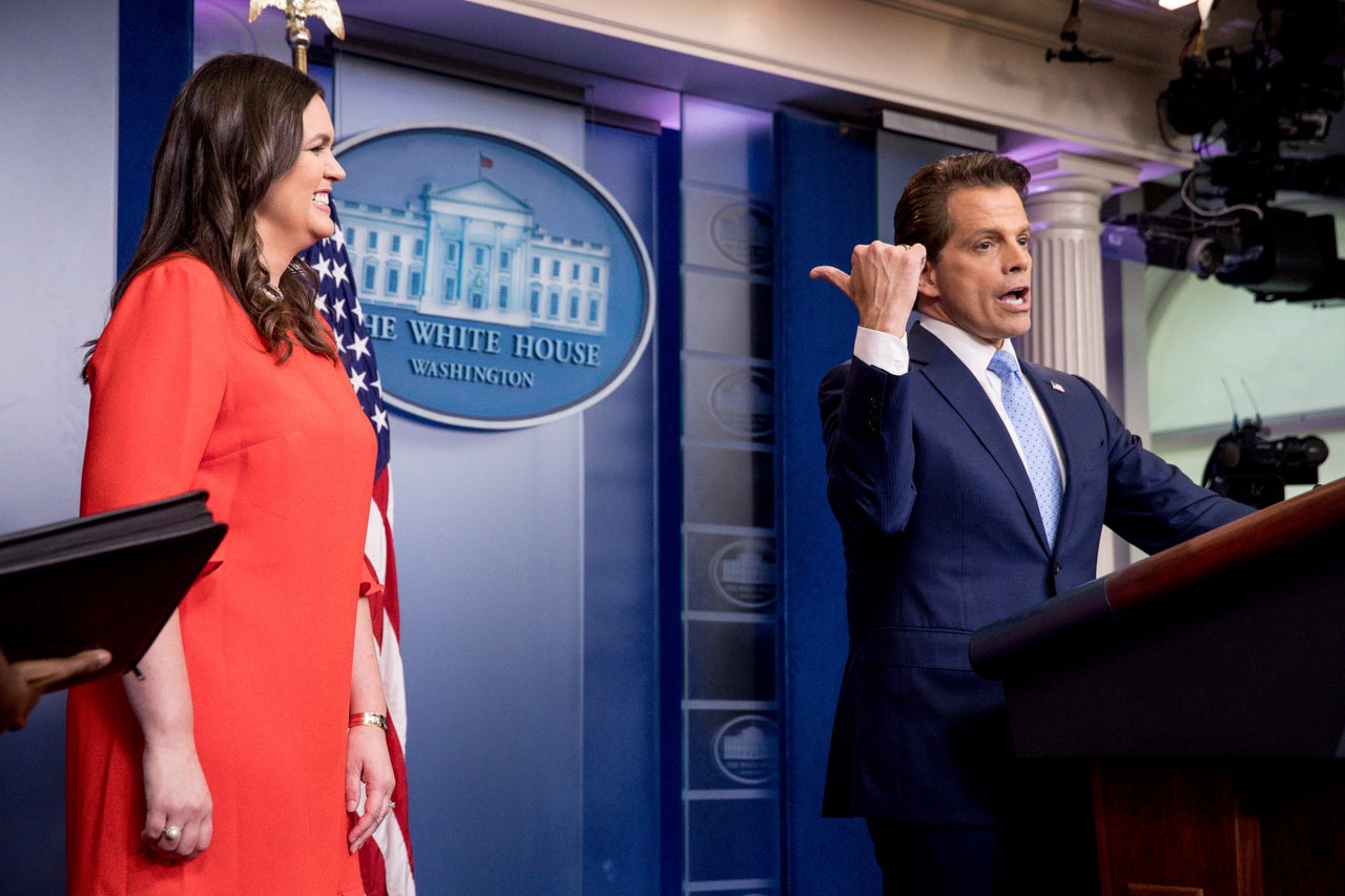 Anthony Scaramucci, White House communications director, right, accompanied by newly appointed White House Press Secretary Sarah Huckabee Sanders, left, during the daily press briefing at the White House, July 21, 2017. 
