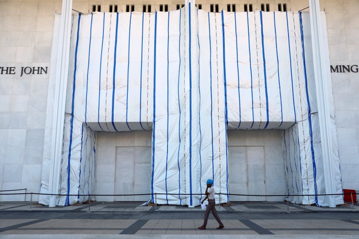 A tarp covers portions of the sign at the John F. Kennedy Center for the Performing Arts in Washington, D.C, last month. 