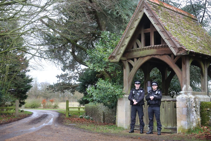 Police officers in February prevent access to Wood Farm where Mountbatten-Windsor returned after his arrest on suspicion of misconduct in public office following a police investigation into the Epstein files.