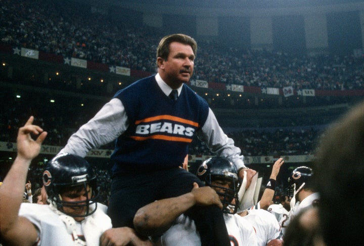 NEW ORLEANS, LA - JANUARY 26: Head Coach Mike Ditka of the Chicago Bears gets carried off the field after they defeated the New England Patriots in Super Bowl XX January 26, 1986 at the Louisiana Superdome in New Orleans, Louisiana. The Bears won the Super Bowl 46-10. (Photo by Focus on Sport/Getty Images)