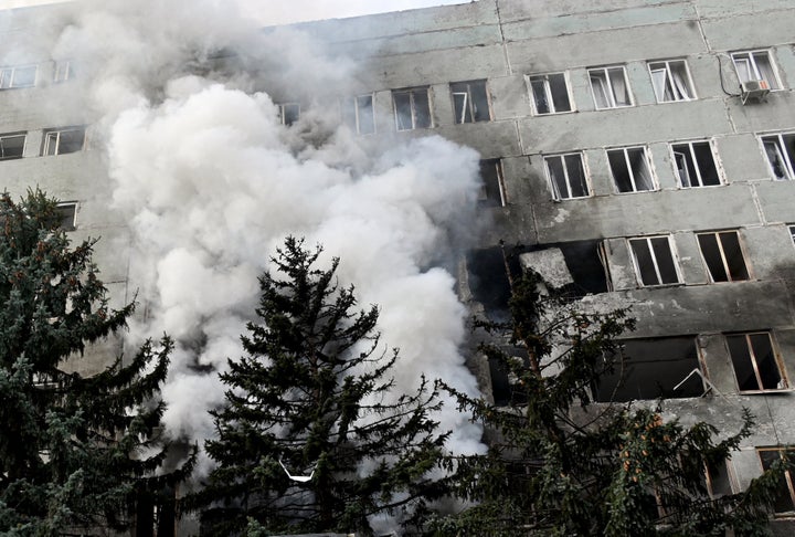 Smoke rises during a fire inside a clinic building after a Russian aerial attack on Kharkiv on October 10, 2026, as a result of which four people were wounded, amid the Russian invasion of Ukraine. (Photo by SERGEY BOBOK / AFP via Getty Images)