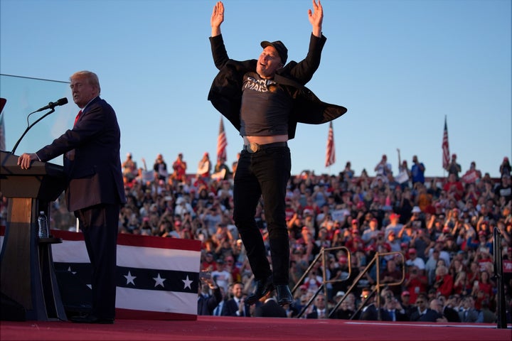 Elon Musk takes the stage behind Donald Trump at a second rally in Butler, Pennsylvania, shortly before the 2024 election.