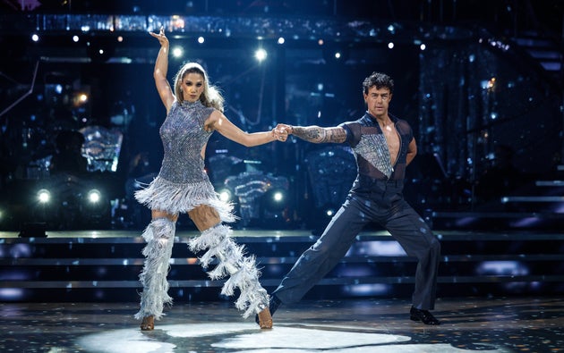 Delta Goodrem and Kai Widdrington performing a disco-inspired Salsa routine in the Strictly Come Dancing ballroom