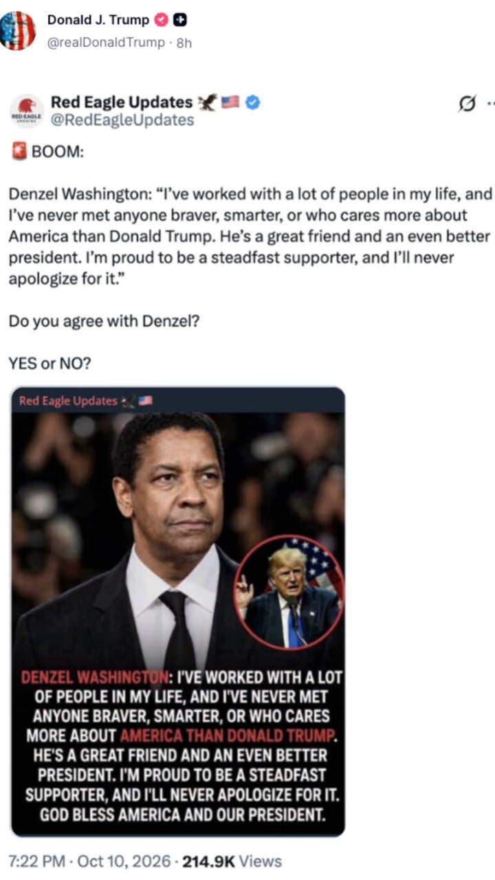 President Donald Trump re-shared a debunked quote from Denzel Washington in a Truth Social post on Oct. 12, 2026.