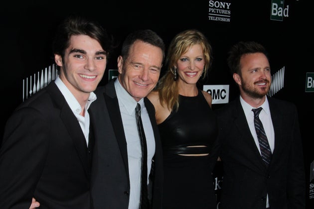 RJ Mitte with Breaking Ba co-stars Bryan Cranston, Anna Gunn and Aaron Paul in 2013