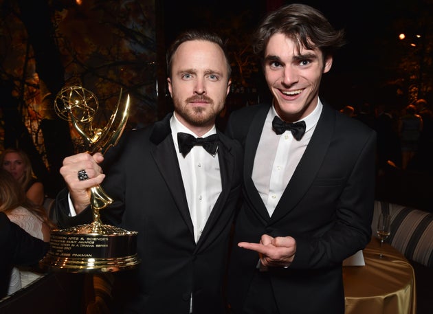 Aaron Paul and RJ Mitte celebrating the former’s win at the 2014 Emmys