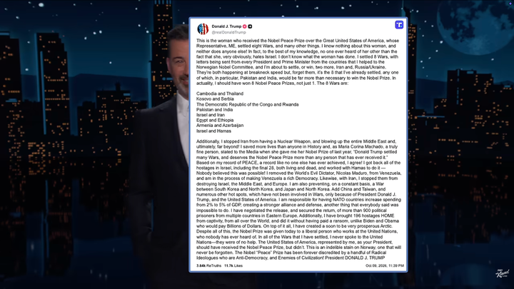 Jimmy Kimmel is obstructed by the enormity of Trump’s Truth Social rant.