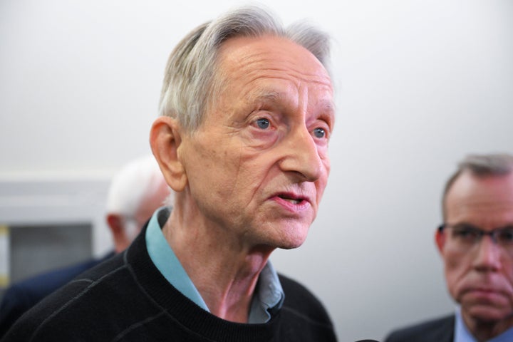 Pioneering computer scientist Geoffrey Hinton, who is known as the "godfather of AI,” speaks to reporters following an AI briefing at the U.S. Capitol last month. (Photo by Roberto Schmidt/Getty Images)