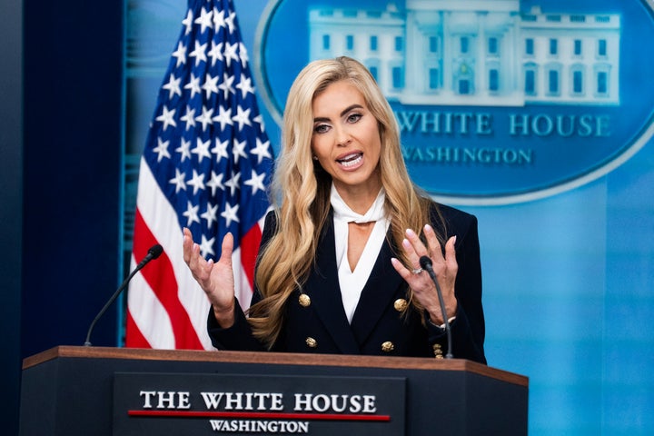 White House press secretary Katie Zacharia conducts her first briefing where she addressed issues including the resignation of Kimberly Guilfoyle, U.S. ambassador to Greece, on Tuesday, Oct. 13, 2026.