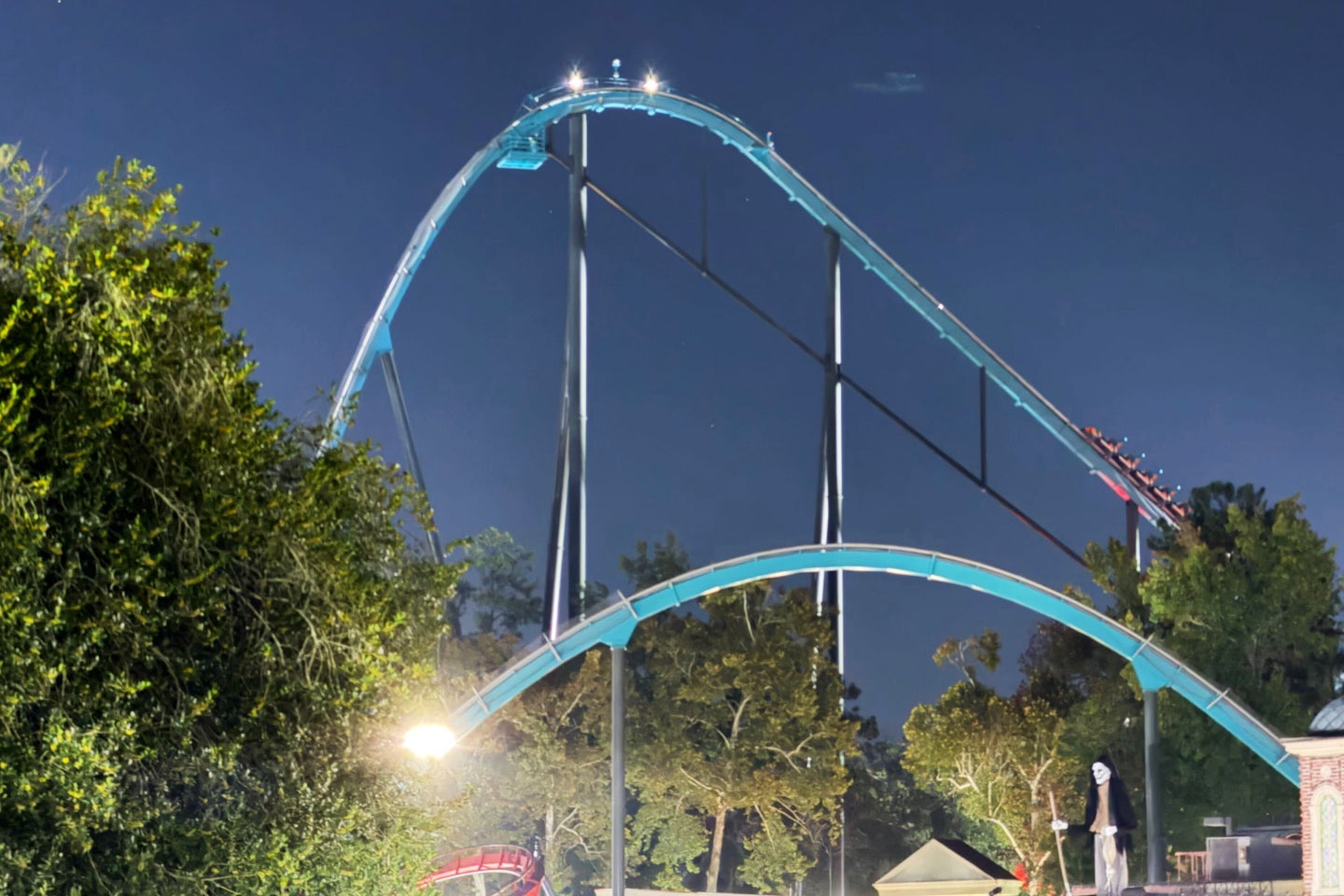 A roller coaster is shown at Six Flags over Georgia on Monday, Oct. 12, 2026, about 15 miles (24 kilometers) northwest of Atlanta. (AP Photo/Emilie Megnien) Cor