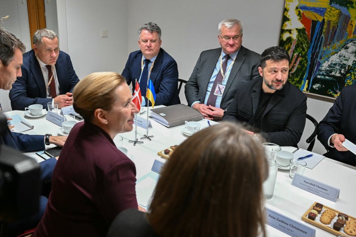 Denmark's Prime Minister Mette Frederiksen, center left, meets with Ukraine's President Volodymyr Zelenskyy, second right, during a bilateral meeting on the sidelines of the EU summit in Brussels on Thursday.