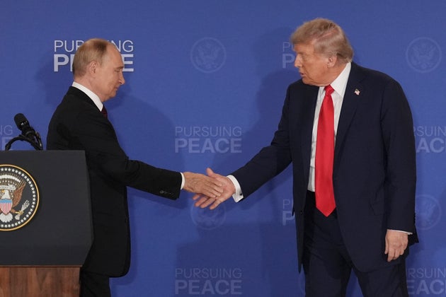 Donald Trump shakes Vladimir Putin’s hand during a joint press conference at Joint Base Elmendorf-Richardson, Alaska, last August.