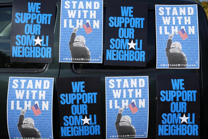 A vehicle is seen decorated in support of Democratic Rep. Ilhan Omar, D-Minn., during a rally Monday, Oct. 12, 2026, after her home was raided by Homeland Security officers.
