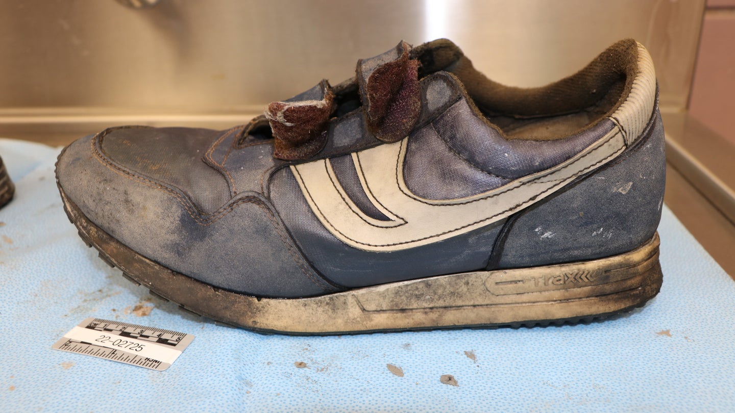 This undated image provided by the Las Vegas Metropolitan Police on Thursday, Oct. 15, 2026, shows a shoe found with Edward Lelburian Jackson's remains inside a
