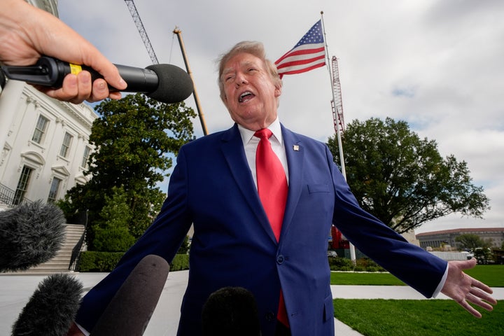 US President Donald Trump speaks to members of the media on the South Lawn of the White House before boarding Marine One in Washington, DC, US, on Friday, Oct. 16, 2026. Trump will speak at a campaign event in Georgia, a state which Democrats consider a must win if they are to have any path toward retaking the Senate in November. Photographer: Yuri Gripas/Abaca/Bloomberg via Getty Images