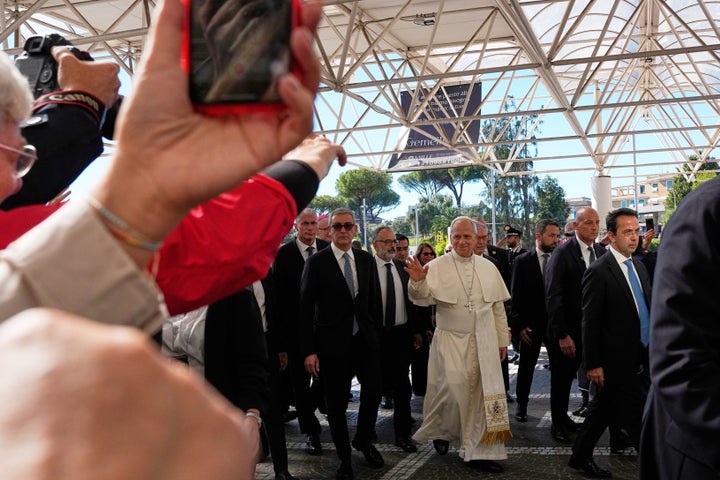 Pope Leo XIV arrives at the Agostino Gemelli Polyclinic in Rome, Tuesday, Oct. 13, 2026, where he's expected to be operated to remove a lung nodule. (AP Photo/Alessandra Tarantino)