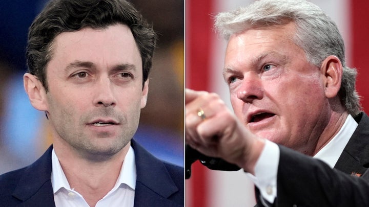 President Donald Trump insulted the appearance of Sen. Jon Ossoff (D-Ga.), left, while hailing his Republican rival Mike Collins as “all man.”