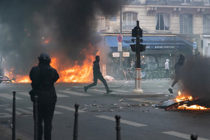 Photograph of incidents caused by vandals at Rue reaumur during the national demonstration on October 17 to protest against the high cost of living the loss of social rights and the lack of resources in National Education in Paris, France on October 17, 2026. (Photo by Quentin de Groeve / Hans Lucas / AFP via Getty Images)