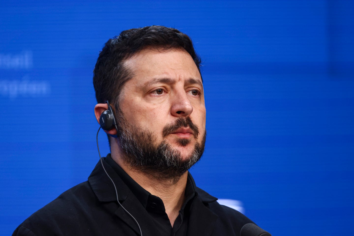 President of Ukraine Volodymyr Zelensky holds a press conference at the European Council summit. EU leaders are meeting to discuss the bloc's next long-term bud