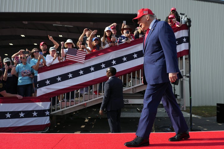 President Donald Trump arrives for a campaign rally at Dalton Municipal Airport on October 16, 2026 in Dalton, Georgia.