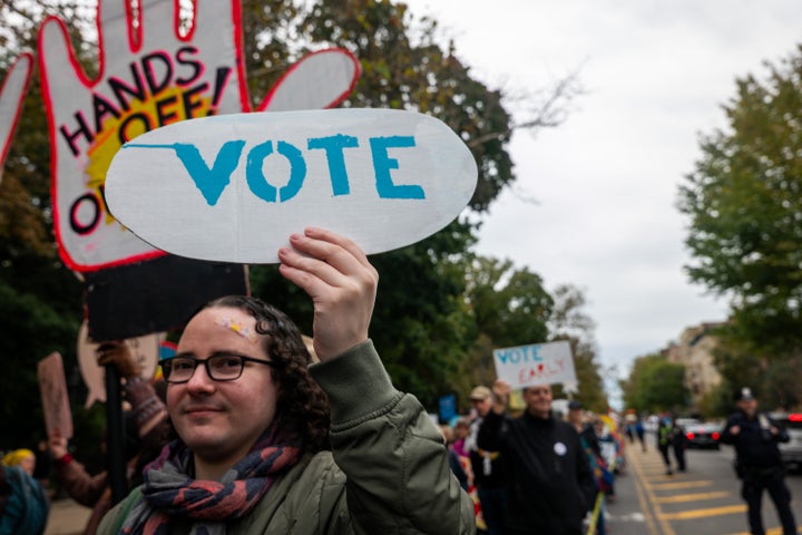Hundreds of protesters participate in a “No Kings” demonstration in Brooklyn on October 17, 2026.