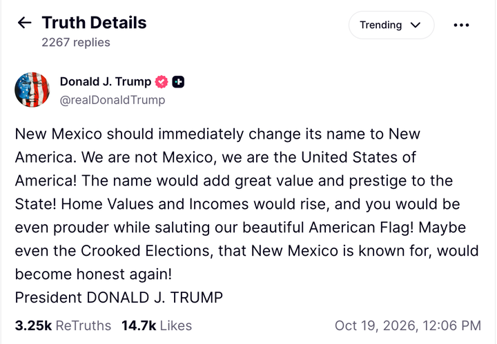 Donald Trump’s Truth Social post from Oct. 19, 2026.