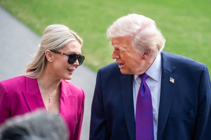 Karoline Leavitt, pictured sharing a moment with Donald Trump in March, was reportedly asked several times by the president about evicting the media for good from the press briefing room.