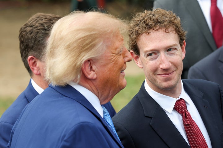 CEO of Meta Platforms Mark Zuckerberg (R) looks at U.S. President Donald Trump as he holds a press briefing with AI executives following a meeting on artificial intelligence outside the West Wing of the White House on September 29, 2026 in Washington, DC. (Photo by Kevin Dietsch/Getty Images)