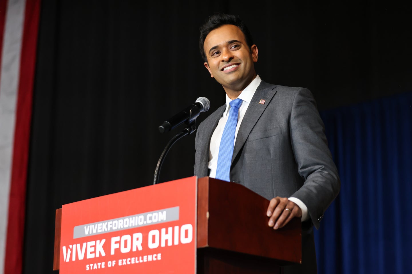 Ohio Republican gubernatorial candidate Vivek Ramaswamy speaks during a campaign rally on Feb. 25, 2025, at the Glass City Center in Toledo, Ohio.
